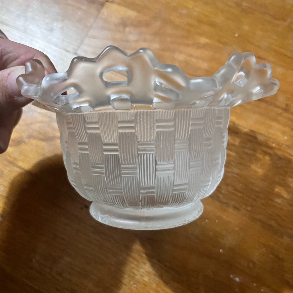 Vintage Fenton Frosted Glass Basketweave Bowl with Ruffled Rim